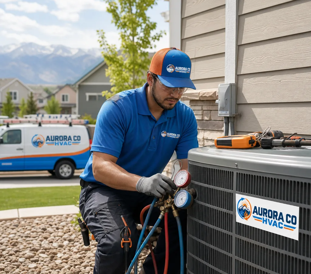 Technician servicing an outdoor AC condenser beside an Aurora home with gauges and hand tools
