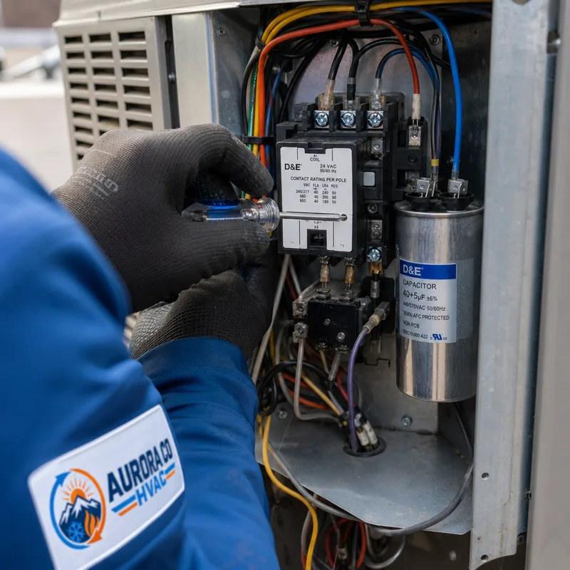 New contactor and capacitor installed inside a condenser electrical compartment with tidy secure wiring