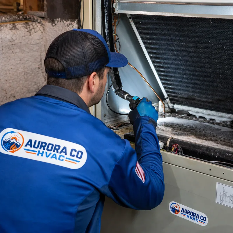 Open indoor air handler with evaporator coil and condensate drain being inspected for ice, dirt, and drainage