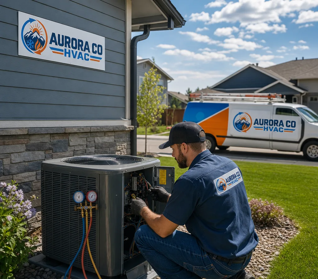 HVAC technician servicing an outdoor AC condenser beside an Aurora-area home with gauges attached and the service panel open