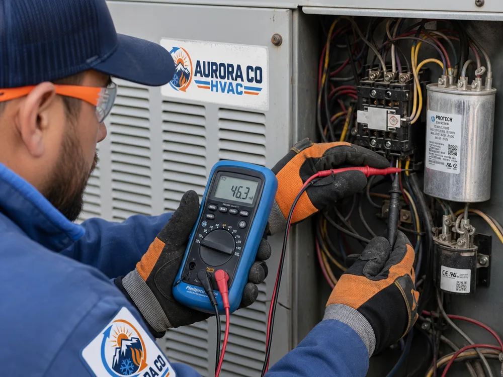 Technician measuring capacitor and contactor readings inside an outdoor condenser electrical compartment