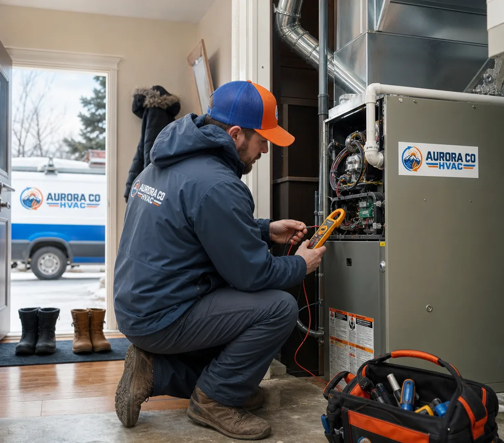 HVAC technician in an Aurora home checking an open furnace cabinet with a multimeter during a winter no-heat call