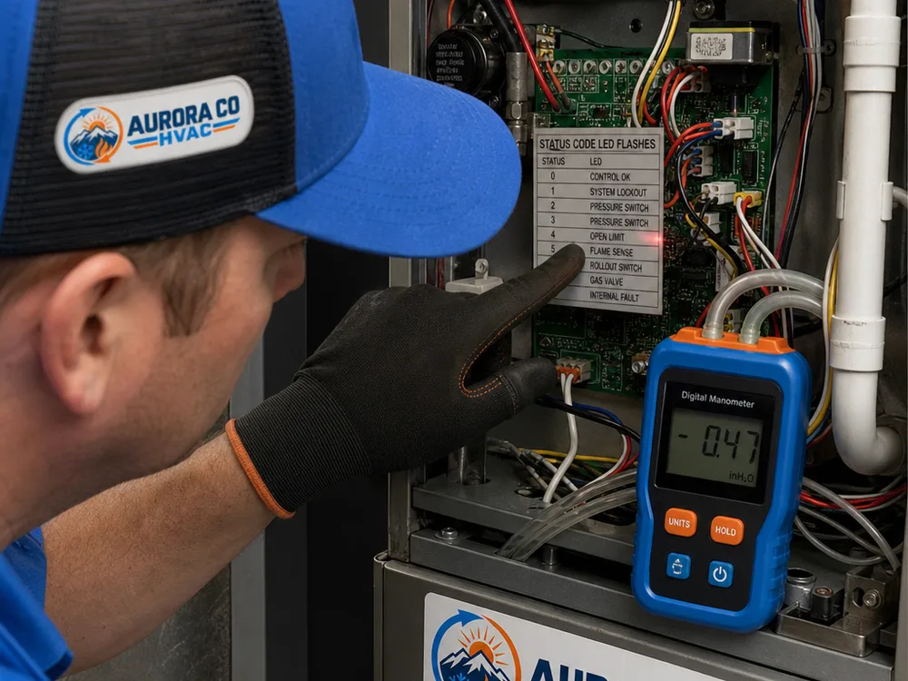 Furnace control board diagnostic light being checked with a meter during systematic troubleshooting