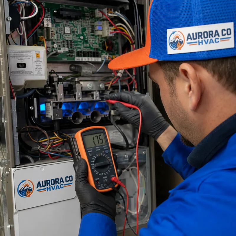 Technician testing a furnace control board and checking the igniter and flame sensor area with a multimeter