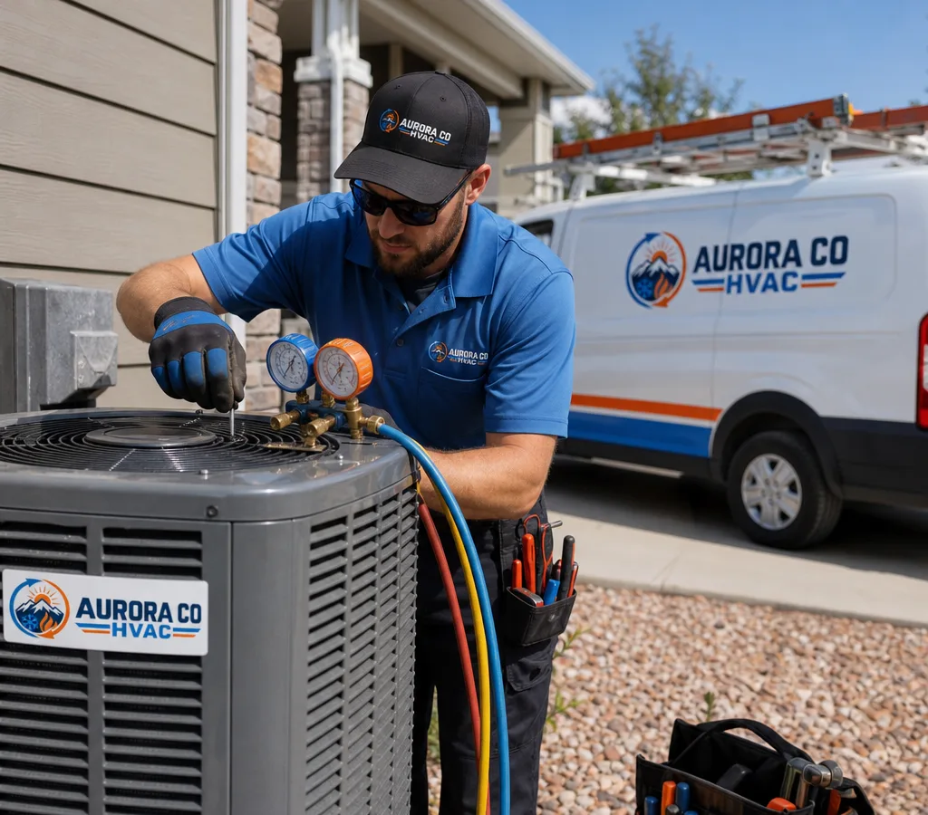 Technician working on an outdoor AC condenser next to an Aurora-area home with gauges and tools visible
