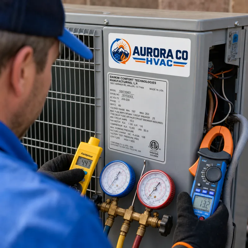 Technician performing AC startup checks with gauges, thermometer, and clamp meter at a new outdoor condenser