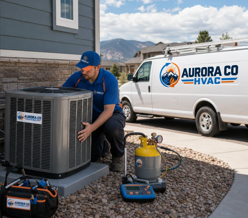 Technician setting a new outdoor AC condenser on a pad beside an Aurora home with professional installation tools