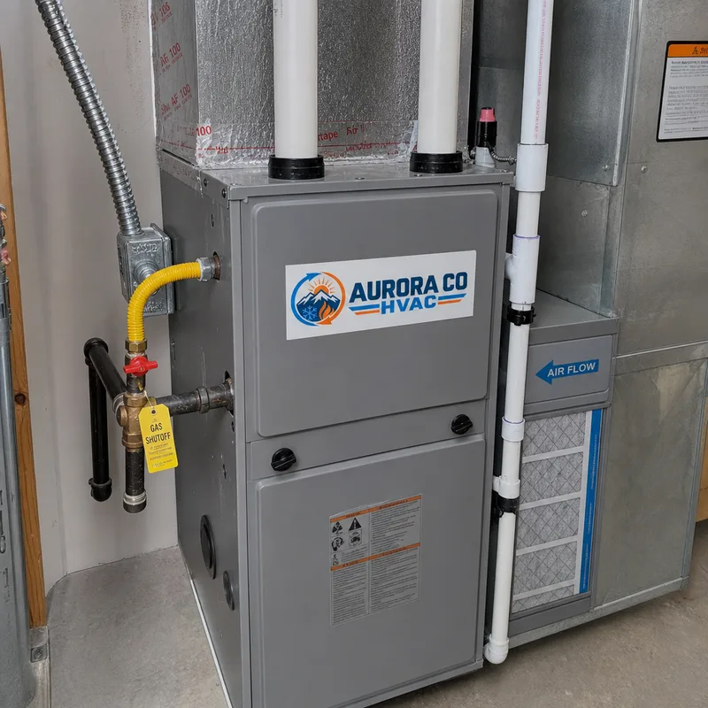 Newly installed furnace with supported venting, labeled gas shutoff, condensate drain, and correctly sized filter cabinet in a clean utility area