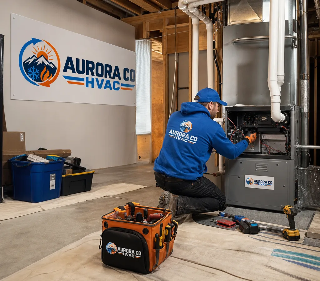 Technician installing a new high-efficiency gas furnace in an Aurora residential utility room with clean drop cloths, visible new venting, and neatly staged tools