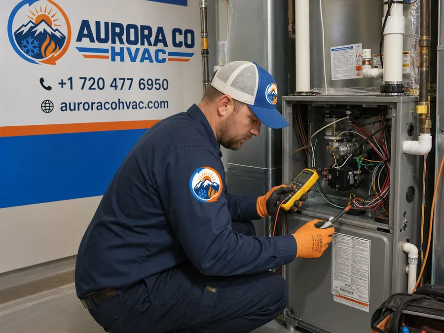 HVAC technician inspecting open furnace and evaporator coil panels and measuring temperature split
