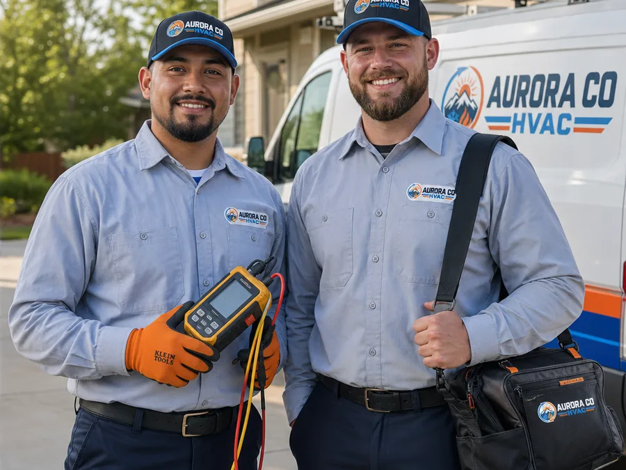Two uniformed HVAC technicians beside a service van with diagnostic tools in an Aurora driveway
